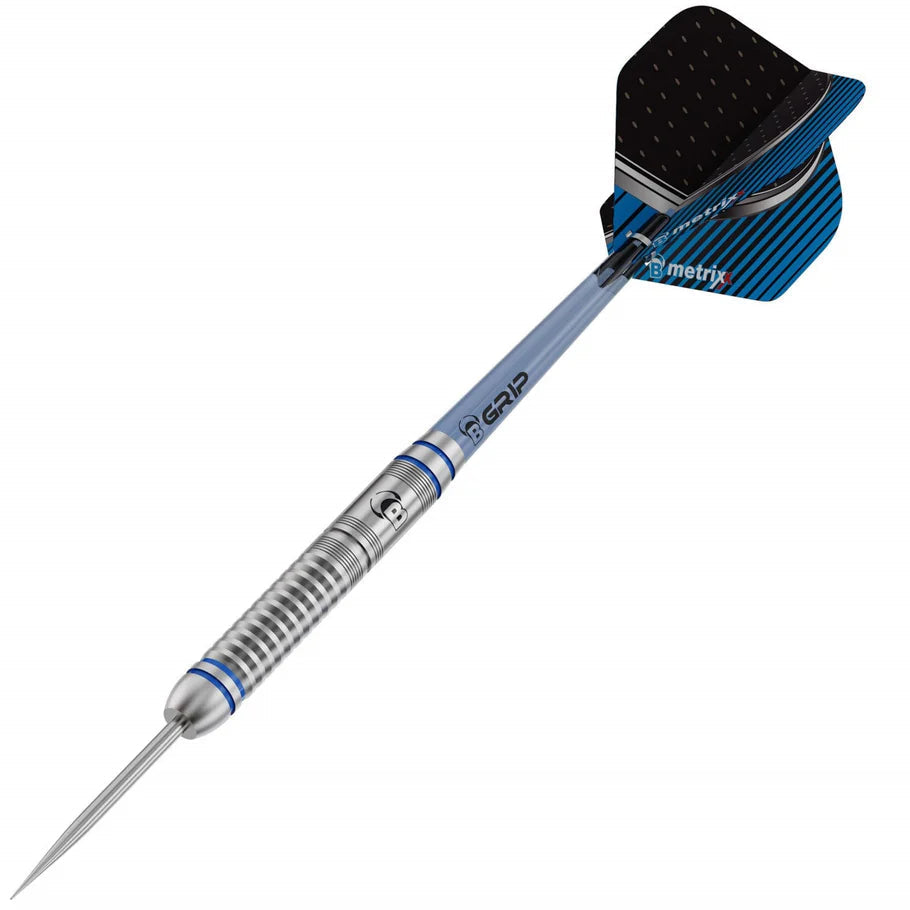 Angled view tungsten dart with grooved grip, silver barrel, blue accents, and black-blue flight on white background