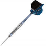 Angled view tungsten dart with grooved grip, silver barrel, blue accents, and black-blue flight on white background