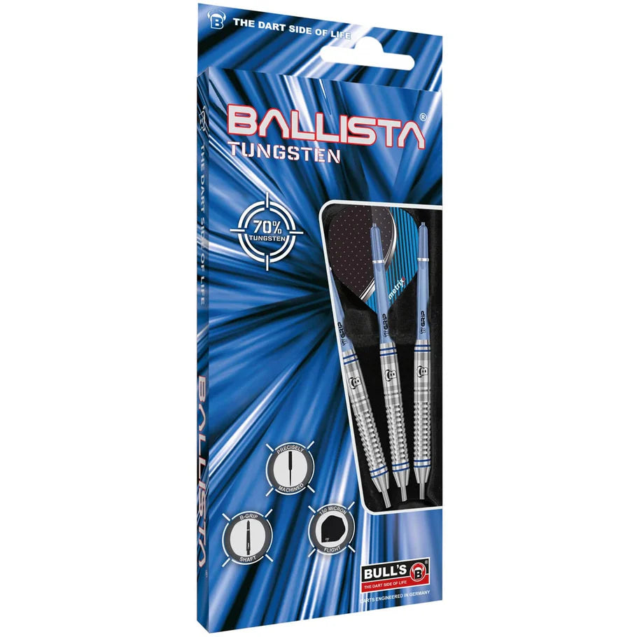 Three 70% tungsten darts in retail packaging, featuring knurled grips, blue accents, and matching flights, angled product display