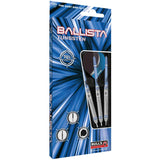 Three 70% tungsten darts in retail packaging, featuring knurled grips, blue accents, and matching flights, angled product display