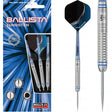 Tungsten darts set in retail packaging with close-up of barrel grip rings and blue flights, precision-machined for beginners
