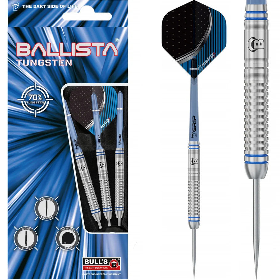 Tungsten darts set in retail packaging with close-up of barrel grip rings and blue flights, precision-machined for beginners