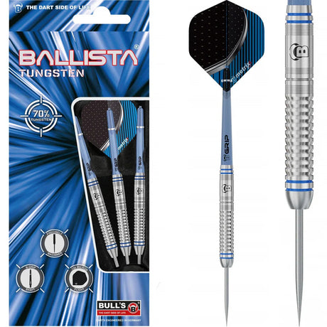 Tungsten darts set in retail packaging with close-up of barrel grip rings and blue flights, precision-machined for beginners