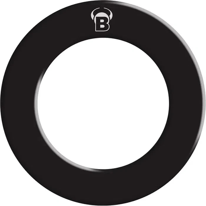 Top-down view of black PU dartboard surround ring, full product isolated on white background, thick protective dart accessory