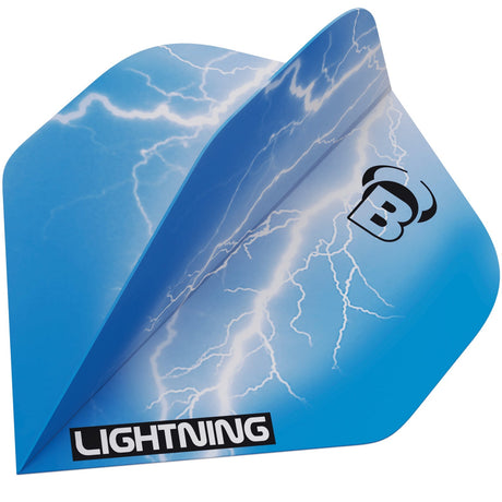 Blue dart flight close-up with lightning design and bold 'LIGHTNING' text, angled to show sturdy 100 micron material
