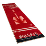 Red dart carpet mat angled view with throw lines and dart illustration, floor protection for darts setup