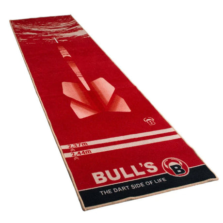 Red dart carpet mat angled view with throw lines and dart illustration, floor protection for darts setup
