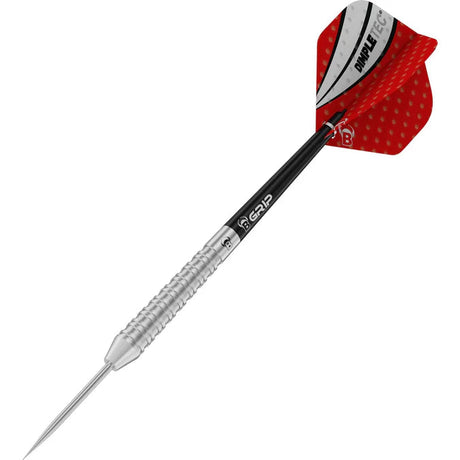 Angled view of a 90 percent tungsten dart with ringed grip barrel, dimpled red flight, and black shaft on white background