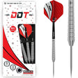 Tungsten darts set in retail packaging and a full-length single dart close-up highlighting grip barrel and dimpled flights