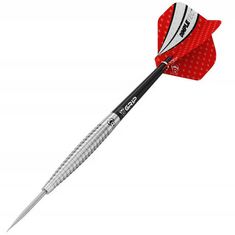 Tungsten dart with ringed grip barrel, black shaft, and red dimpled flights on white background, full product angled view