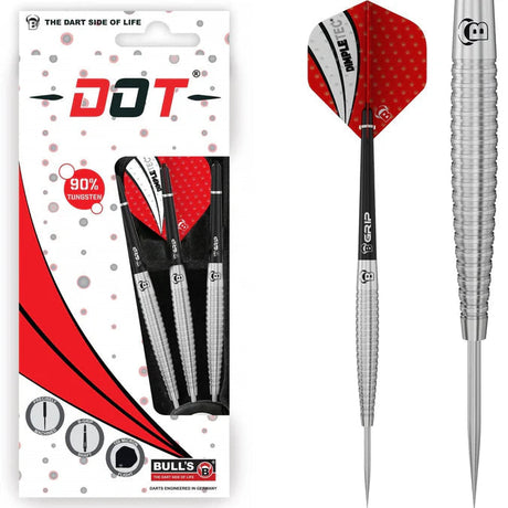 Tournament tungsten darts set in retail packaging and a single dart isolated, highlighting ringed grip and red dimpled flights