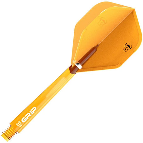 Single orange moulded dart flight with shaft in angled view, highlighting durable ultra strong material and grip texture, isolated on white.