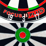 Close-up of professional dartboard with ultra thin wiring, detailed number ring, Focus II Plus logo, and bullseye macro view