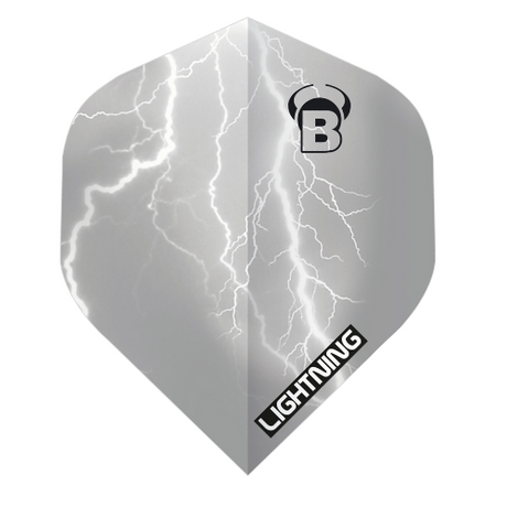 Grey dart flight with lightning graphic, close-up full view, isolated on white, highlighting No.2 shape and bold design for dart setup