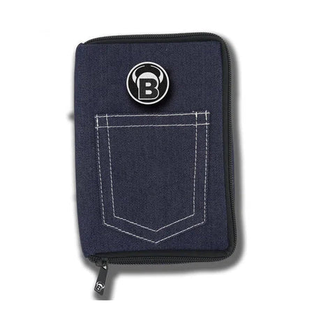 Jeans-style darts case with zipper and stitched pocket design, top-down view on white background, ideal for dart storage