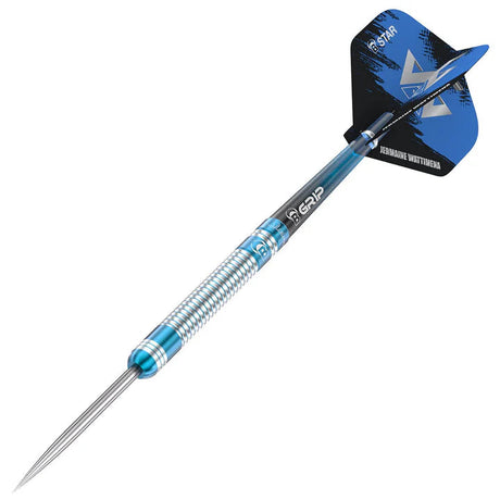 Angled view tungsten dart with blue ringed grip barrel, sharp steel tip, black B Grip shaft, and blue Jermaine Wattimena flight on white background