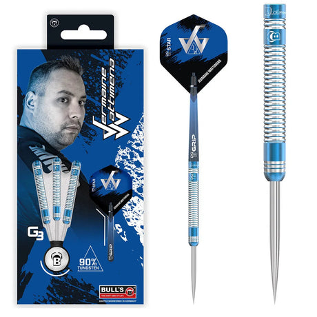 Professional tungsten dart set in retail packaging with close-up on blue-ringed knurled grip and flight detail for advanced players