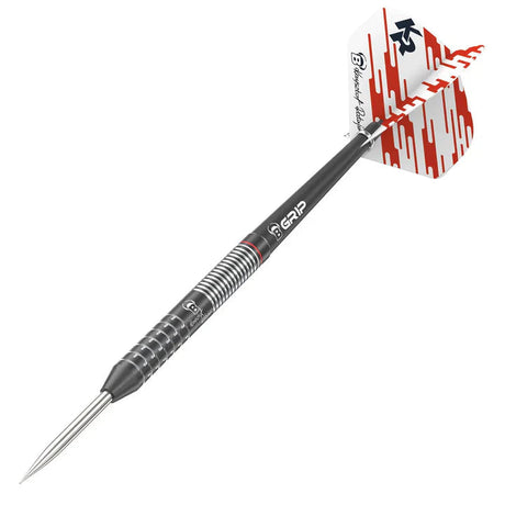 Angled view of 90% tungsten dart with black grooved barrel, silver tip, and red-white K2 flight on white background