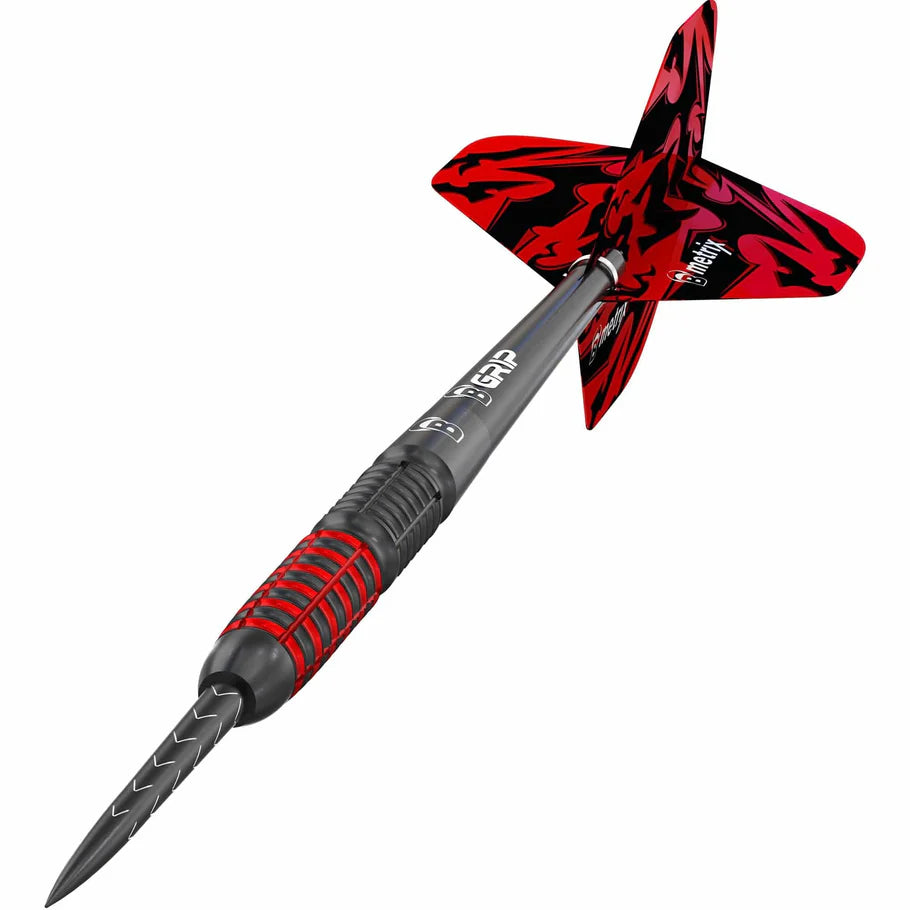 Angled close-up of tungsten dart with black and red grip, detailed point, and red-black flights isolated on white background