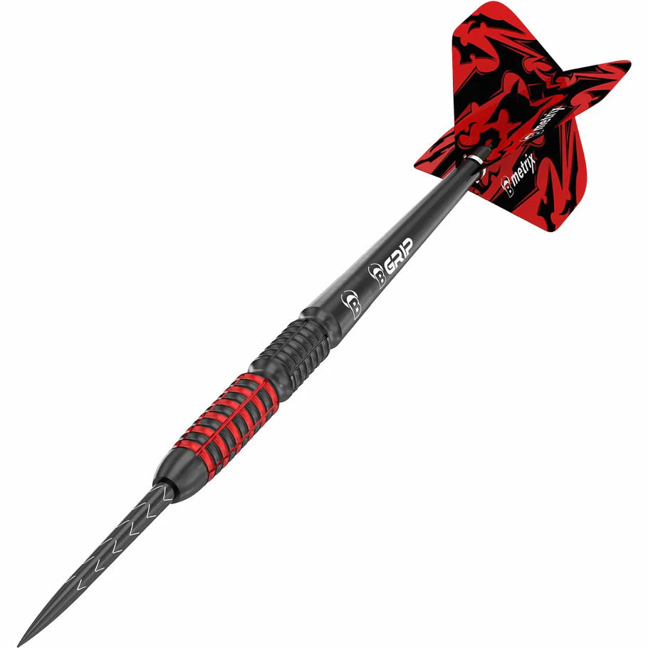 Angled view tungsten dart on white background showing black and red textured grip, engraved silver tip, and patterned red flight.