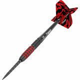 Angled view tungsten dart on white background showing black and red textured grip, engraved silver tip, and patterned red flight.