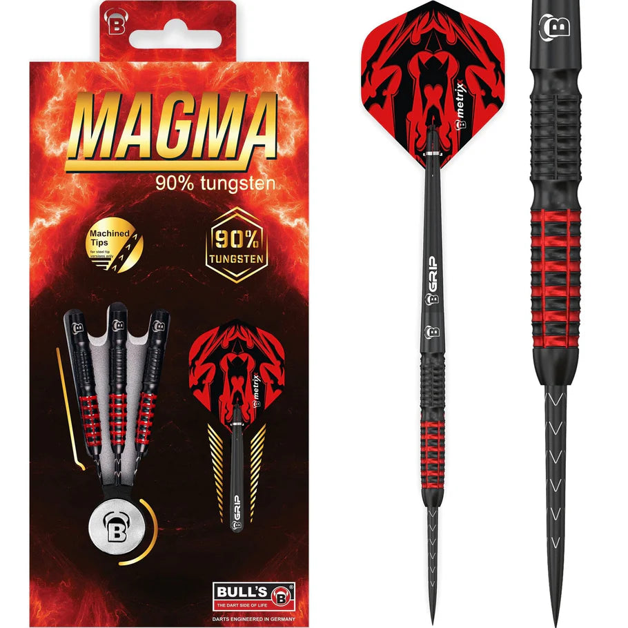 Full view of 90% tungsten darts in retail packaging and single dart detailed close-up, featuring black and red grip zones and machined tip.