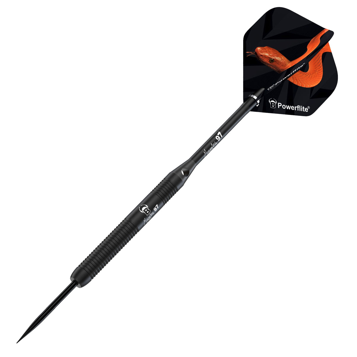 Angled view of single tungsten dart with black titanium barrel, ribbed grip, and snake design on flight, isolated on white background