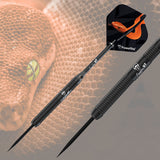 Angled view of two 97% tungsten darts with black titanium barrels, grooved grip, and snake-themed flights on textured reptile background