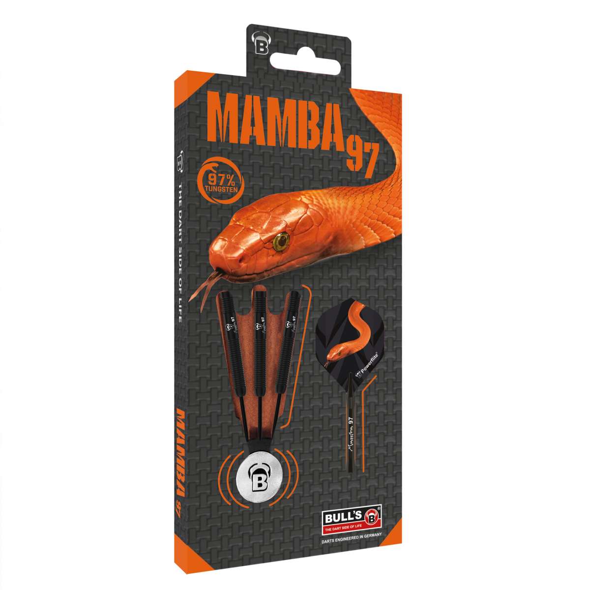 Mamba 97 tungsten darts set in retail packaging, angled view, showing three black titanium coated barrels and mamba-themed flights