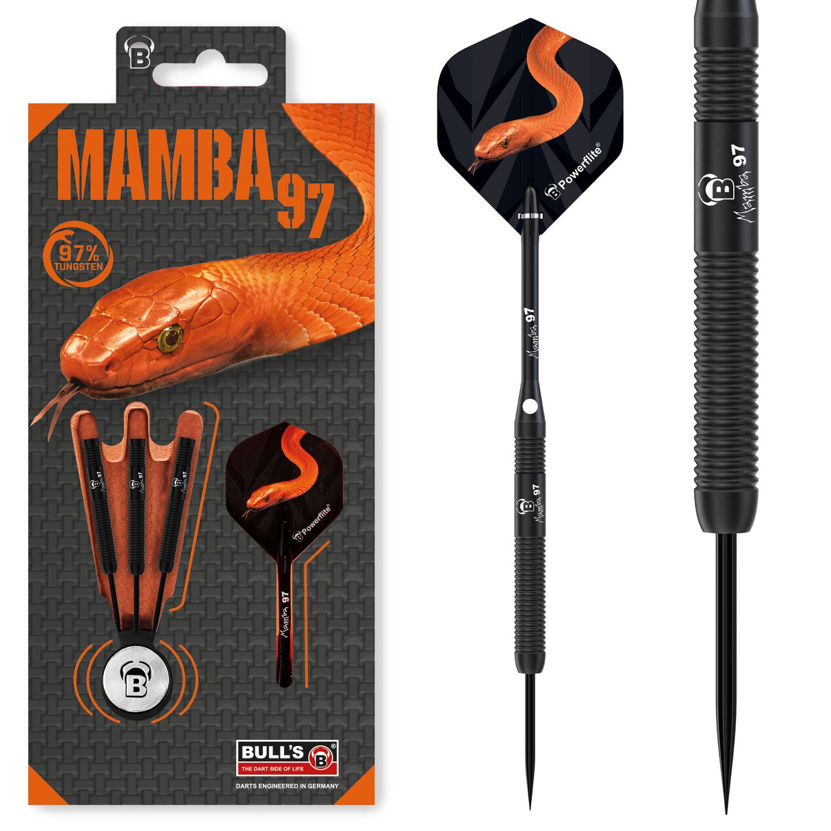 Steel tip tungsten darts set in retail packaging with single black dart in focus, ribbed grip, snake flight, 97% tungsten, black titanium barrel