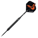 Black titanium tungsten dart with ribbed grip, sharp steel tip, and angled snake print flight on white background