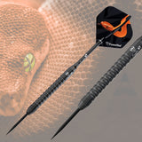 Angled view of two black titanium 97% tungsten darts with ribbed grip, sharp steel tips, and snake-themed flights on textured background