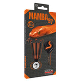 Retail packaging displaying three 97% tungsten black titanium darts with grip barrel and orange snake flights in box, angled product view