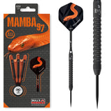 Full product and packaging view of 97% tungsten black titanium darts, knurled barrel, snake flight design, and retail box