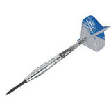 Angled view tungsten dart with precision grip barrel and blue Martin Schindler flight on white background