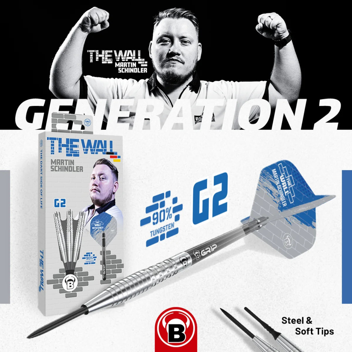 Angled view of Martin Schindler G2 tungsten dart with ringed grip, custom blue flights, display box, and both steel and soft tips shown