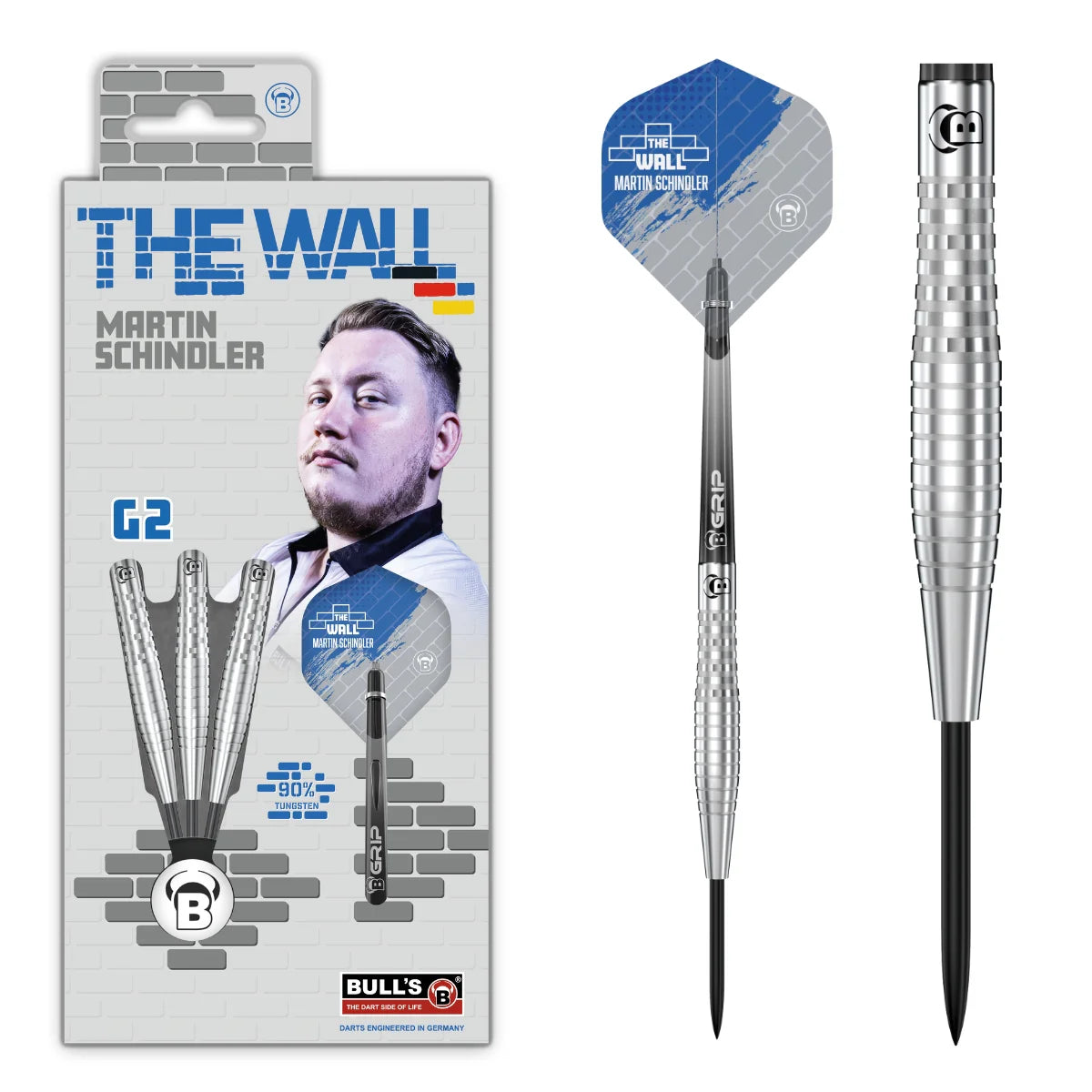 Martin Schindler G2 90% tungsten dart with full packaging, ringed grip design, blue flights, and precision steel tip displayed front view