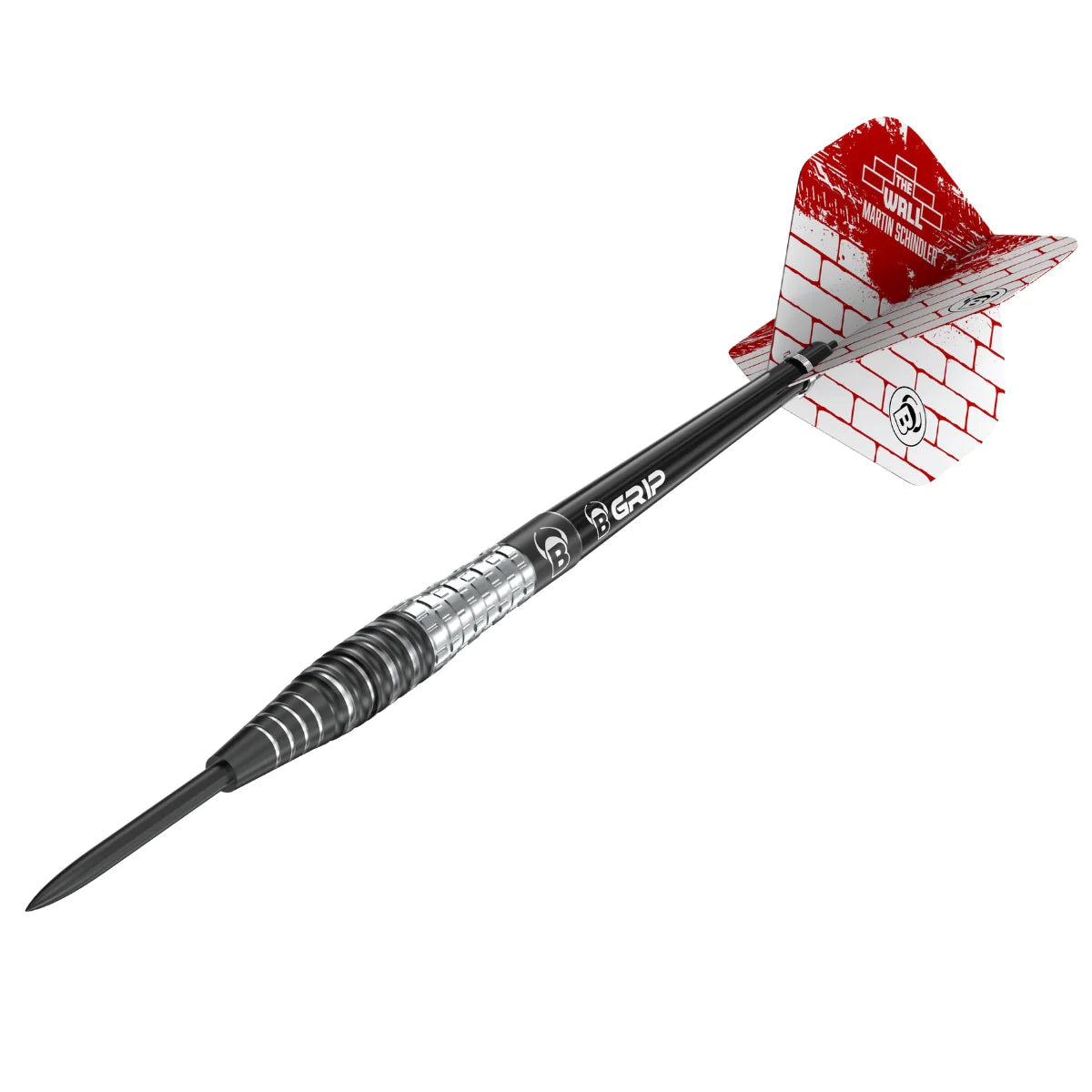 Angled view tungsten dart with black ringed barrel, B Grip shaft, red brick wall flight, isolated on white for dart enthusiasts