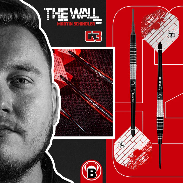 Angled and full view of Martin Schindler G3 tungsten darts highlighting black barrel grip, red flights, and precision dart shaft design
