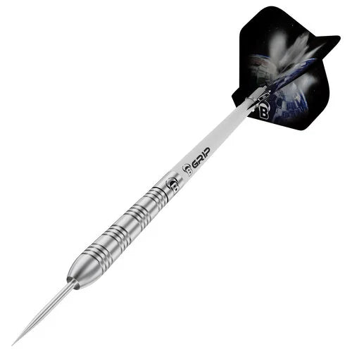 Angled close-up of a tungsten dart with precision grip rings and galaxy-themed flight on white background