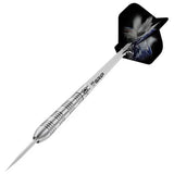 Angled close-up of a tungsten dart with precision grip rings and galaxy-themed flight on white background