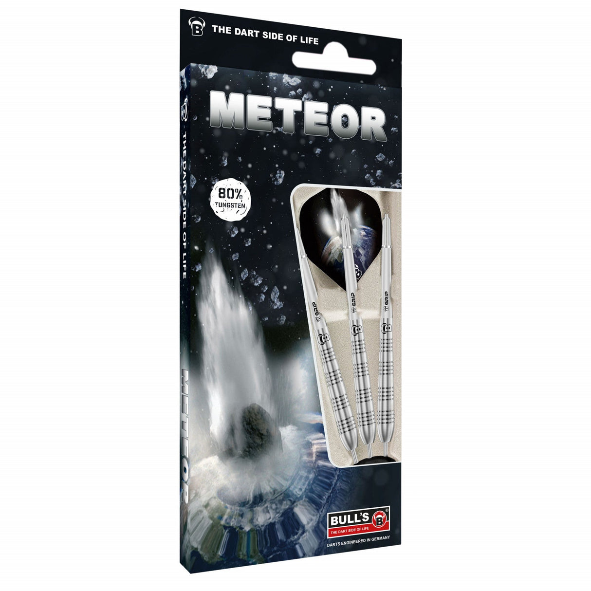 Angled view of Meteor MT11 80% tungsten darts in retail packaging, showing three darts with ringed barrels and printed flights on display