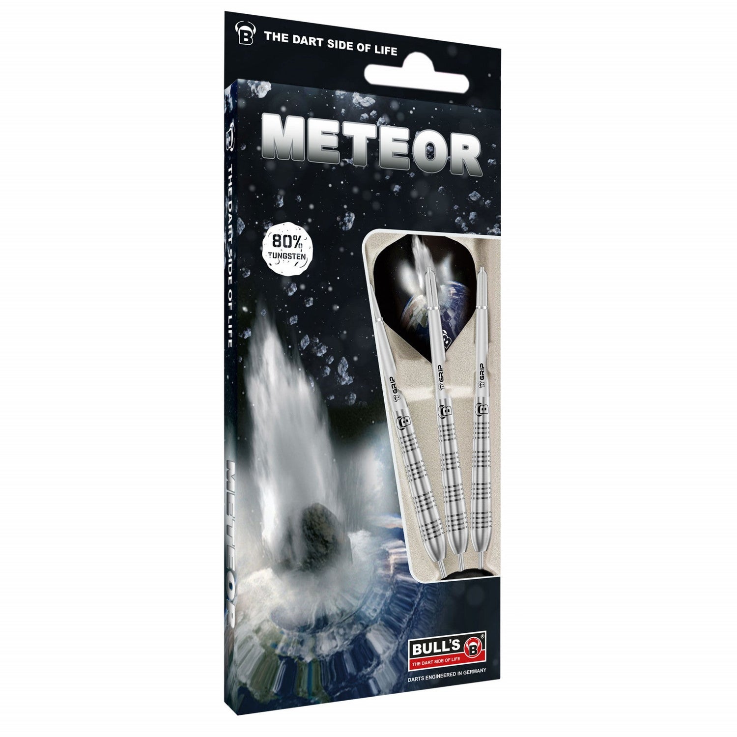 Angled view of Meteor MT11 80% tungsten darts in retail packaging, showing three darts with ringed barrels and printed flights on display