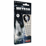 Angled view of Meteor MT11 80% tungsten darts in retail packaging, showing three darts with ringed barrels and printed flights on display