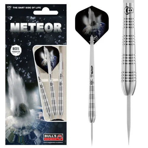 Full product view of 80% tungsten darts set in retail packaging with close-up on knurled barrel grip and meteor-themed flights