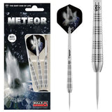 Full product view of 80% tungsten darts set in retail packaging with close-up on knurled barrel grip and meteor-themed flights