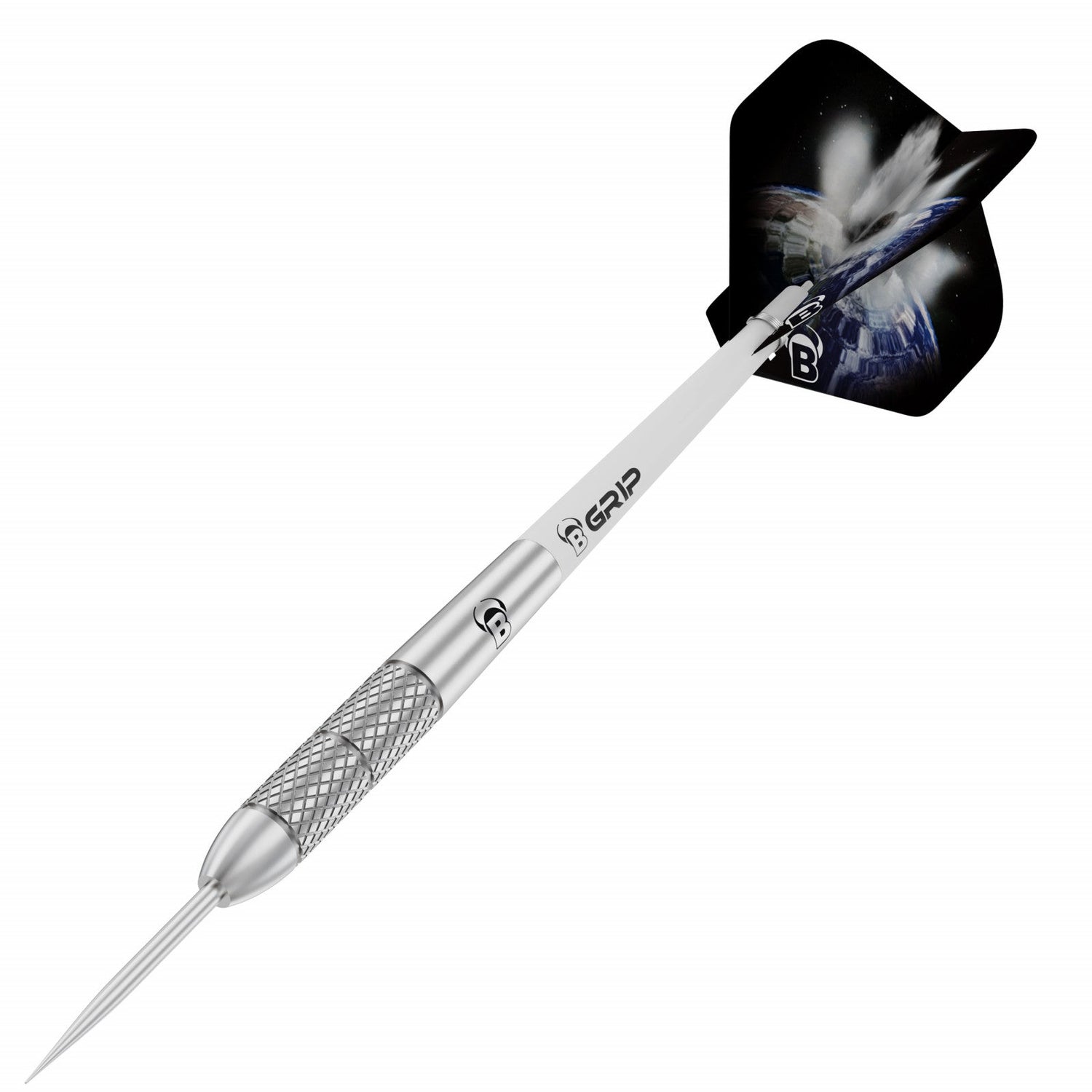Angled view tungsten dart with knurled grip barrel, precision steel tip, cosmic design flight, isolated on white