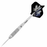 Angled view tungsten dart with knurled grip barrel, precision steel tip, cosmic design flight, isolated on white