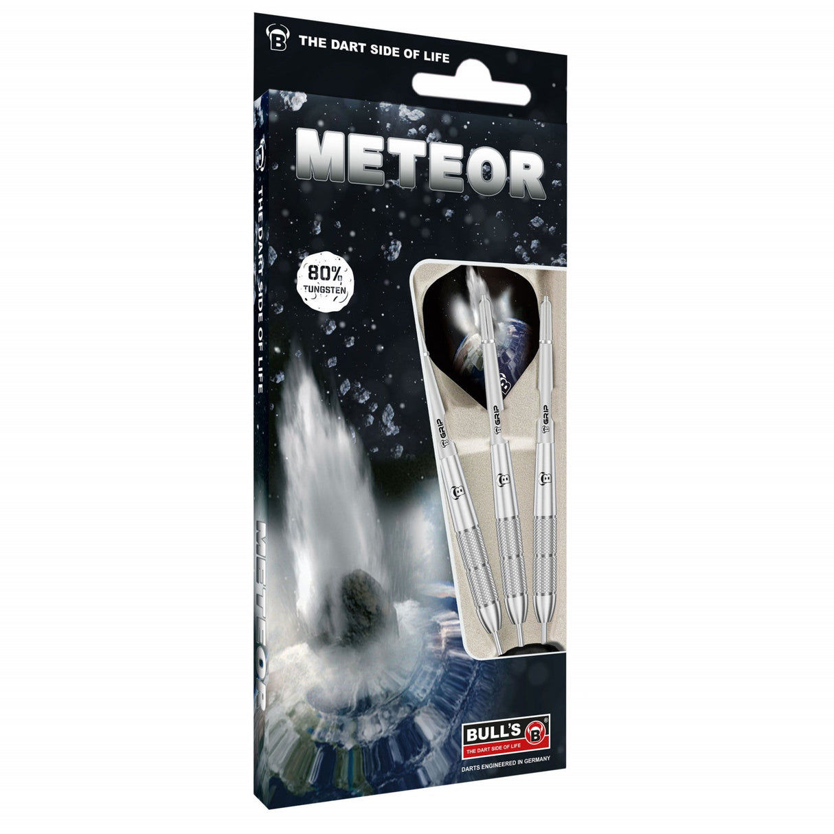 Angled view of Meteor MT13 80% tungsten darts in retail packaging, three knurled barrels and flights displayed against white background