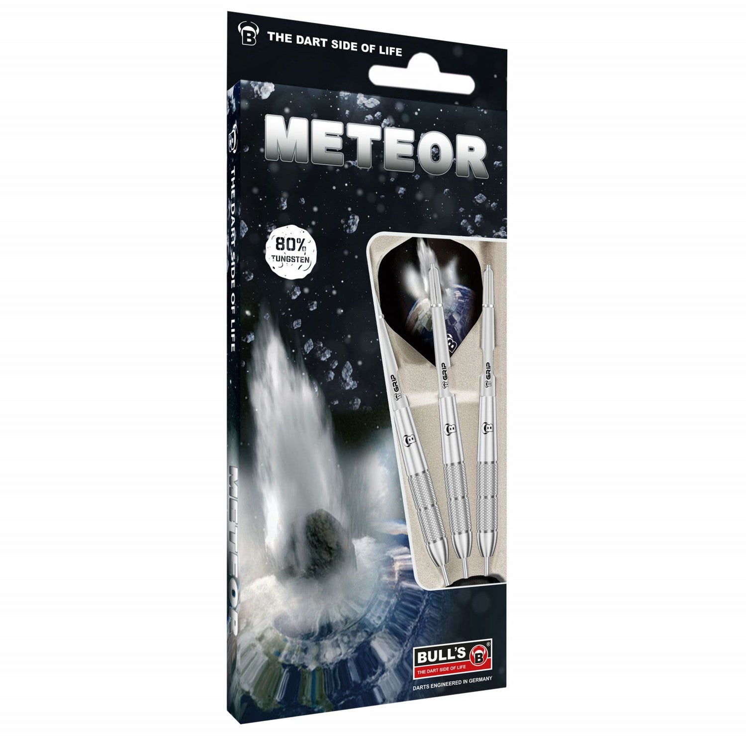 Angled view of Meteor MT13 80% tungsten darts in retail packaging, three knurled barrels and flights displayed against white background